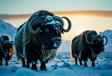 Cinematic, Cinematic Lighting, Cinematic Shot, extremely detailed, Film Still, macro photography, depth of field,  high detail, hires textures, incredibly detailed, intricate details, intricate diorama, masterpiece, Movie Still, outstanding intricacies, photorealism, true masterpiece, glamourous, Stately, capturing the scene of a herd of prehistoric musk ox roaming the frozen tundra of prehistoric Asia, ground covered in deep snow and ice, musk ox's fur covered in snow, majestic mountains in the distance against a beautiful sunset sky, cry5t415ku11,
