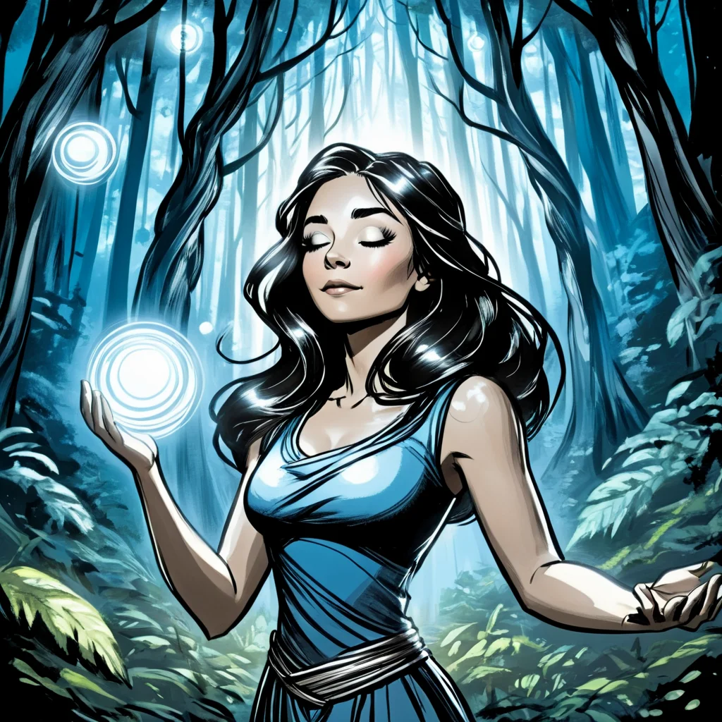 <lora:Azure_Sketch_Illustration:1> ArsMJStyle, AzureSketch, Mystic Forest, A woman with dark hair stands in a forest surrounded by glowing orbs. Her eyes are closed, hands lightly touching, deep in meditation.1girl, solo, long hair, dark hair, glowing orbs, forest, ancient trees, meditation, nature, mystical, serene