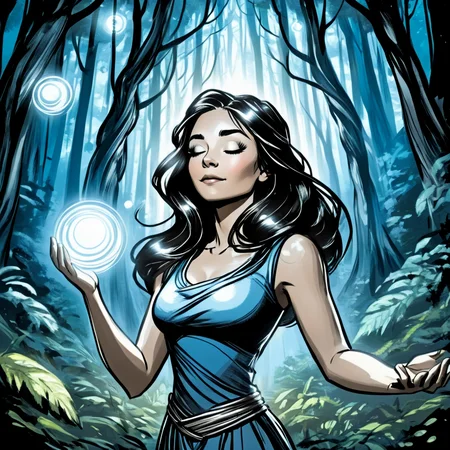 <lora:Azure_Sketch_Illustration:1> ArsMJStyle, AzureSketch, Mystic Forest, A woman with dark hair stands in a forest surrounded by glowing orbs. Her eyes are closed, hands lightly touching, deep in meditation.1girl, solo, long hair, dark hair, glowing orbs, forest, ancient trees, meditation, nature, mystical, serene