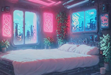 score_9,score_8_up,score_7_up,score_6_up,
steaming coffee cup on windowsill, plants on the windowsill, wall of plants, monstera plant, large plant, tidy bedrrom, small room, cramped bedroom, teddies on the bed, cyberpunk city view out of the window, neon light, purple neon lights,