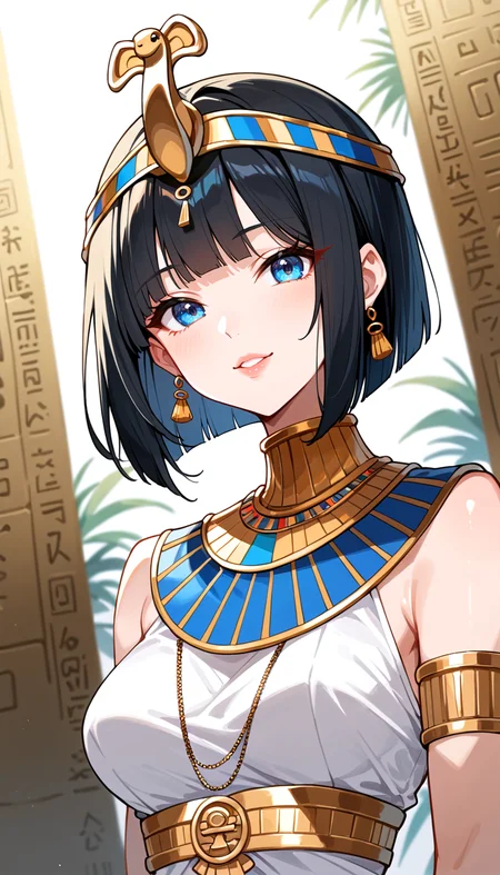 score_9, score_8_up, score_7_up, Anime Style, Portrait, girl, egyptian queen, cute, seductive, innocent, light smile:0.3, plump lips, slender body, black hair, bob cut, perfect make-up, intricate jewelry, golden headdress, captured in a walls adorned with hieroglyphics, depth of field, dynamic angle, fashion photography, sharp, hyperdetailed:1.15