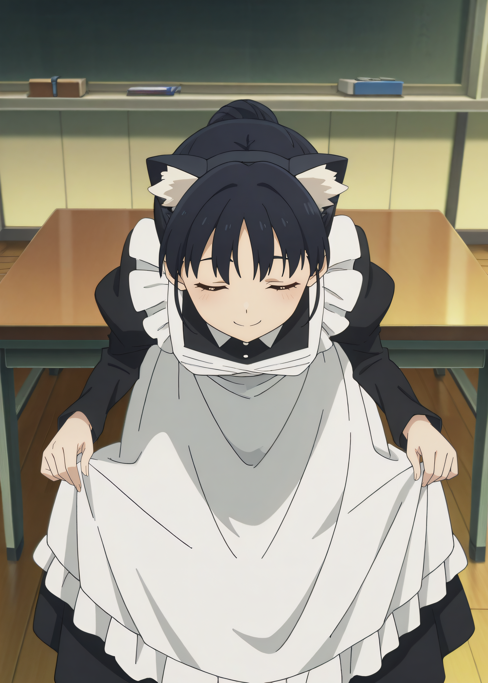 masterpiece, best quality, highres, newest, 1girl, solo, official style, anime screencap, <lora:Basori_Tiara:1>, basori, black cat ears, maid dress, juliet sleeves, white apron, standing, five fingers, smile, five fingers, classroom, closed eyes, bent over, skirt hold, frontal view, from above