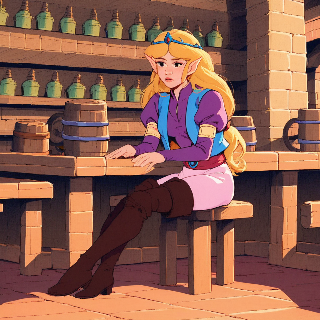 score_9, solo, classiczelda, tiara, blonde hair, long hair, pointy ears, vest, thigh boots, sitting, tavern