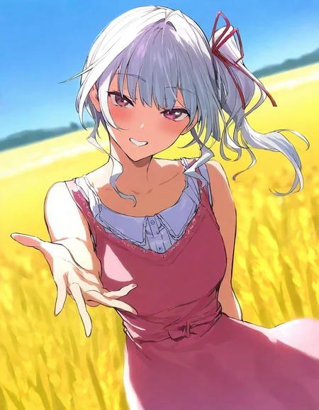masterpiece, best quality,highres,newest,safe,1girl,hatsukoi_jikan_-_anri, long_hair,head tilt,sliver hair, hair_ribbon, side_ponytail,medium breasts,purple eyes,wheat_field,outdoors,pink sundress,collarbone,(sleeveless:1.2),hand behind back,(outstreched arm,reaching_towards_viewer :1.3),dutch angle,smile,teeth,blush,solo<lora:hatsukoi_jikan_-_anri_il:0.7>