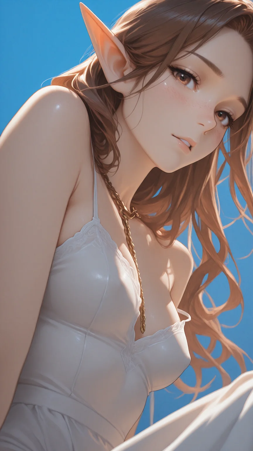 1girl,solo, masterpiece,best quality,amazing quality,very aesthetic,absurdres,newest,detailed eyes, 
A professional,high-quality, portrait of a woman, 
Elyrija, female elf woman, brown eyes, brown hair, long wavy hair,  golden chains, freckles, <lora:Elyrija:0.8>, blush,
available light, golden hour glow, subtle shadows,diagonal shadows, blue light, blue background,
white leotard, higwaist,transparent long skirt, side slits, spaghetti straps, slipped down on one shoulder, off the shoulder, magical atmosphere, dutch view, looking at viewer directly, half side view, over the shoulder view.