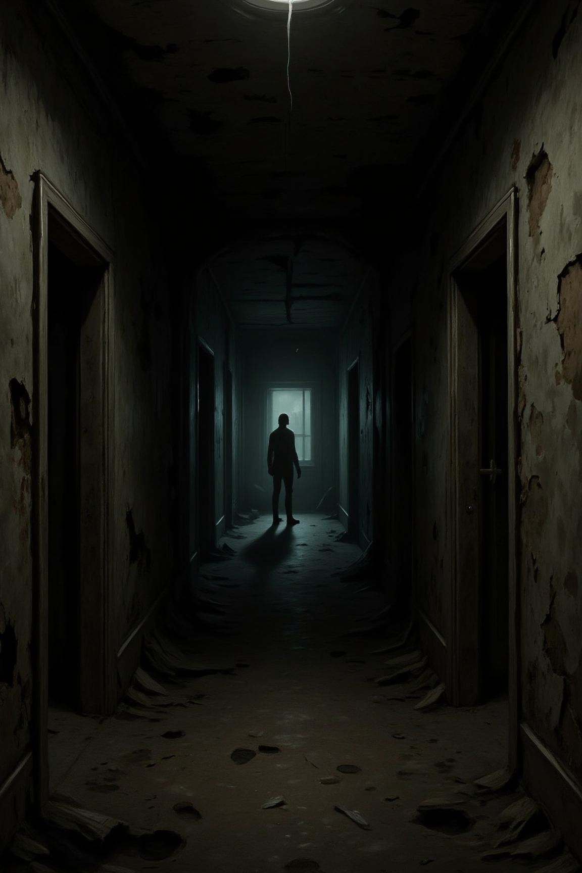 Atmospheric digital painting depicting a dark, deteriorated hallway with peeling, stained walls, dim lighting casting long shadows, a lone silhouette figure at the far end, flickering light adding to the unsettling, haunted ambiance.