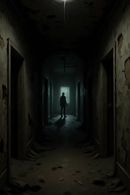 Atmospheric digital painting depicting a dark, deteriorated hallway with peeling, stained walls, dim lighting casting long shadows, a lone silhouette figure at the far end, flickering light adding to the unsettling, haunted ambiance.