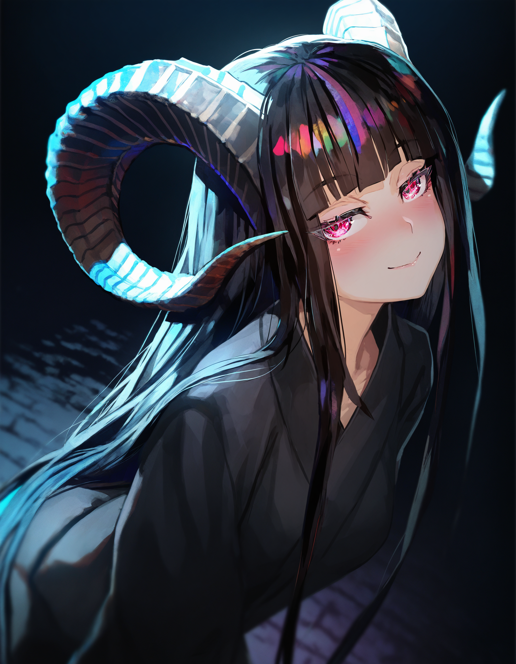 by happoubi jin, by fuzichoco, by lam, by kinta \(distortion\), by lack, by quasarcake, by 159cm,
monster girl, 1girl, black hair, solo, smile, closed mouth, curled horns, looking at viewer, blush, outdoors, leaning forward, 
dappled moonlight, full moon, dark, black theme, backlighting, 
colored eyelashes, red eyes, purple eyes, multicolored hair,  half-closed eyes, long eyelashes,
masterpeice, best quality, very aesthetic, absurdres
<lora:illustrious_noobai_epsilon_pred_11_very_aesthetic_v1:1>