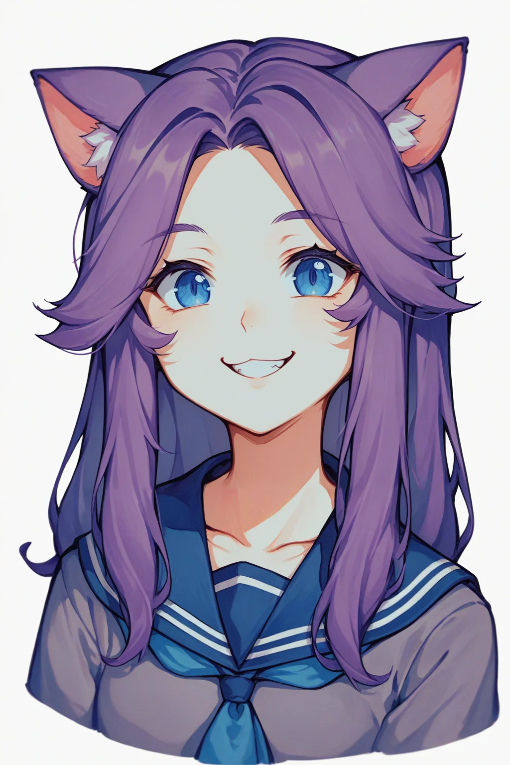 source_anime, score_9, score_8_up, 1girl, solo, <lora:NSAbigailStardew:1> NSAbigailStardew, purple hair, blue eyes, long hair, parted bangs, <lora:Traditional_art_v4_USENEG:-0.1> traditional art, lineart, white background, simple background, cat ears, whispers, cat paw, smile, (upper body shot), sailor collar, school uniform