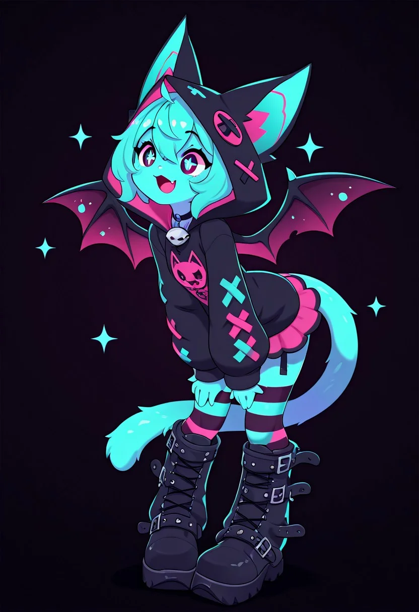 masterpiece, best quality, simple illustration, 1cat, , superdeformer, cute, urban clothing, big boots, goth, full body, solo, dark background, sparkles, vivid colors, vertical pupils, fang, tail ,happy, imp4ct_style,