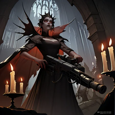 score_9, score_8_up, score_7_up, score_6_up, score_5_up, score_4_up, source_anime, BREAK, a vampire woman in a slit dress holding a machinegun with both hands, m56smrt, dark fantasy, castle, tapestries, candles,