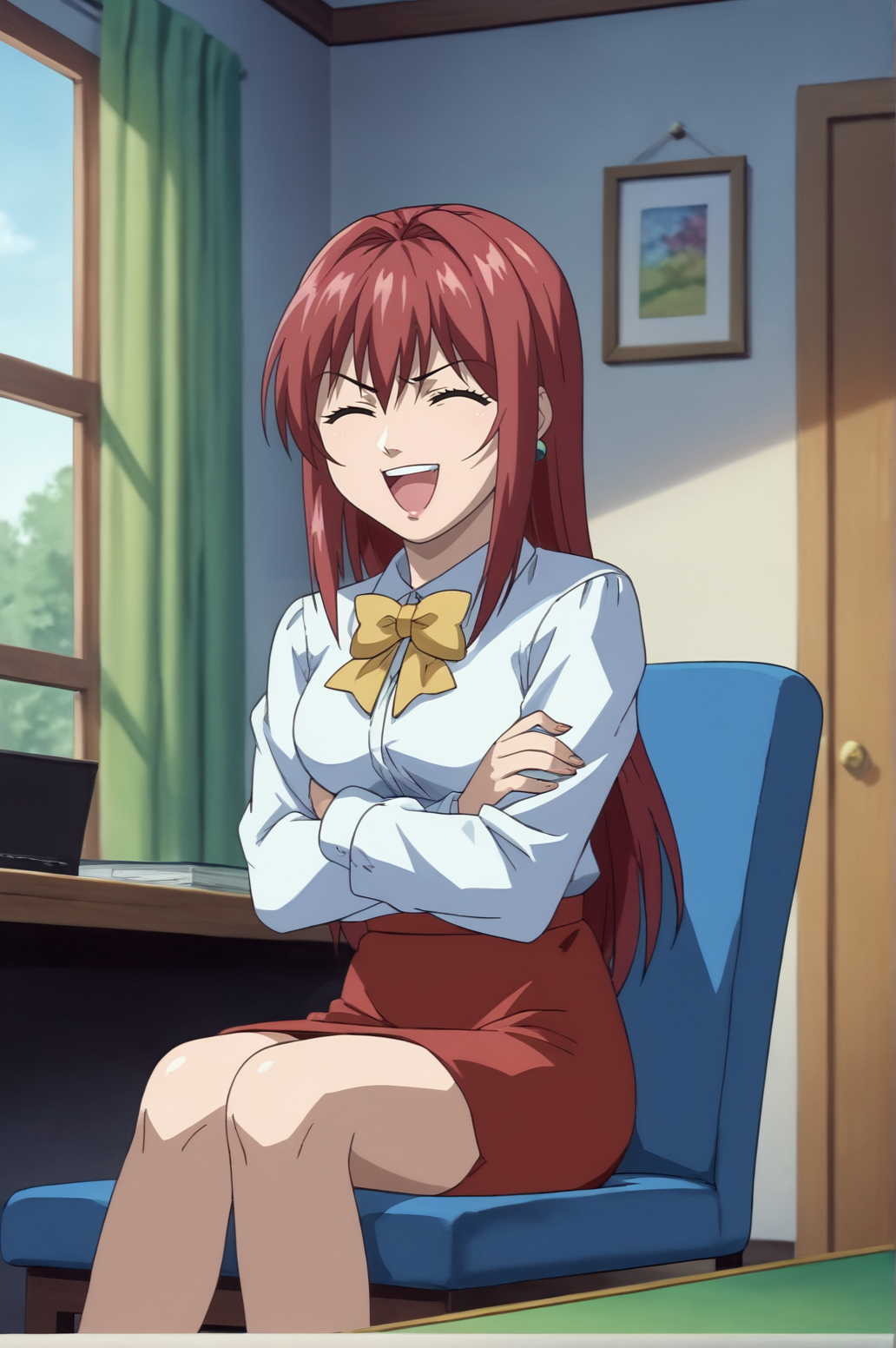 score_9, score_8_up, score_7_up,anime_source, source_anime, best background, detailed background, anime screencap,  Hiroko, happy, 1girl, yellow bow, shirt, sit, red skirt, cross legs, cross arms, tsundere,  indoors,  <lora:JN_Takashiro_Hiroko:0.8>