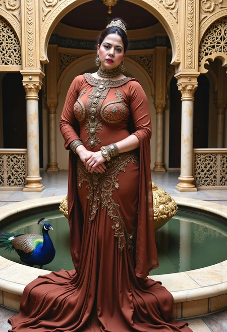 A beautiful sexy brunette goddess Persian Belly dancer supermodel face with large breasts, perfect body and transparent silk outfit, she is in an ornate ancient Persian palace courtyard with a large ornate fountain in the center and a peacock with feathers spread out in the background. The palace is full of ornate Persian mosaic tiles and lattice window covers all around.