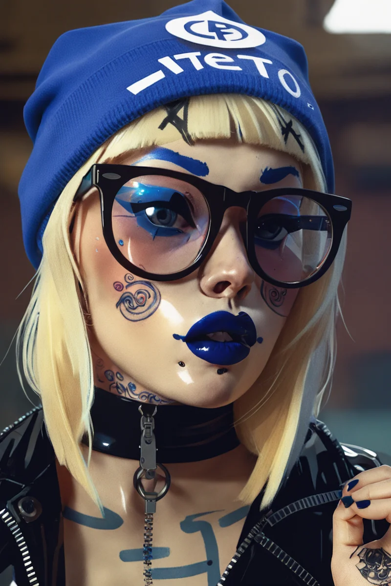 A blonde sexy girl, wearing glasses at latex shirt and a blue beanie with a tattoo, blue and white, chromepunk, ferrania p30, social media portraiture, <lora:AlbertoMielgo_style2_SDXL:0.7> by albertomielgo style .