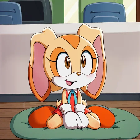 hi res, best quality, solo, female, (source_cartoon), Score_9, score_8, score_7, ultra detailed, (masterpiece), best anatomy, small body, young, petite, short, <lora:Cream_the_rabbit:1>, 1girl, animal nose, brown eyes, cre@m_the_rabbit, flat chest, furry, white gloves, open mouth, rabbit ears, rabbit girl, two-tone fur, official style, rabbit tail, orange dress, blue ribbon, neck ribbon, sitting, smile, full body, indoors,