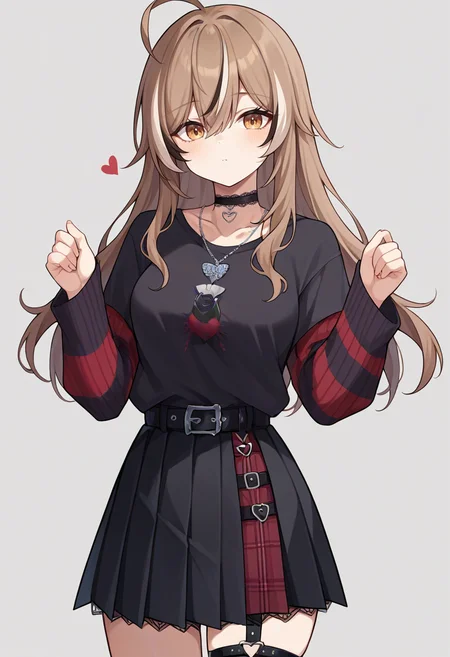 score_9,score_8_up,score_7_up,score_6_up,score_5_up,score_4_up,
1girl, nanashi mumei, long hair, ahoge, black lace-trimmed choker, heart pendant, black t-shirt, short over long sleeves, sweater under shirt, striped sweater, necklace, black skirt, pleated skirt, half-skirt, black belt, o-ring thigh strap, red skirt, plaid skirt, breasts,
simple background, grey background, cowboy shot, solo, looking at viewer,
<lora:mumeiponyxl1:1>