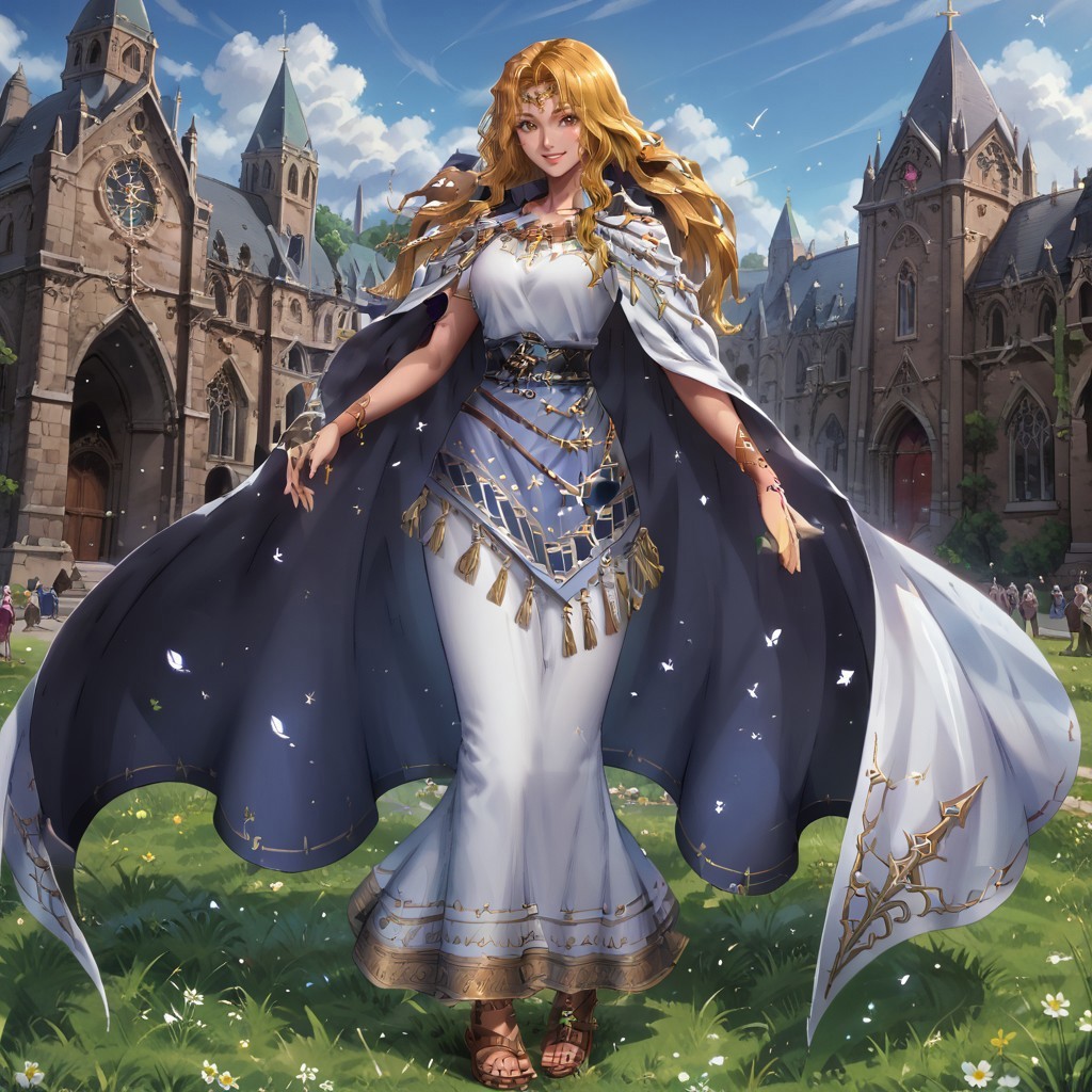 safe_pos, edain, 1girl, blonde hair, long hair, dress, sandals ,full body,cape, white dress, smile, jewelry , circlet, brown eyes, breasts, bracelet, toes, belt, bangs, long dress, outside, church, sky, grass