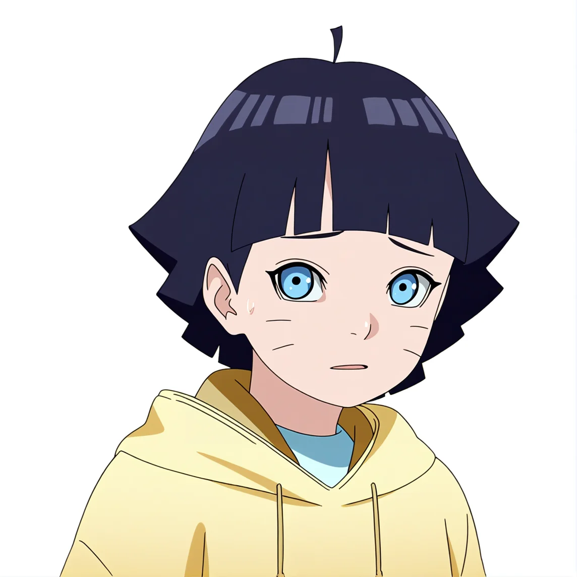 sharp focus, pixiv masterpiece, score_9, score_8_up, source_anime, score_7_up, best quality, highres, absurd res, BREAK
<lora:Himawari_Uzumaki_IL_v36:1>, uzumaki_himawari_il, 1girl, solo, blue_eyes, dark-blue_hair, short_hair, yellow_hoodie, ahoge, portrait, white background, simple background, looking at viewer