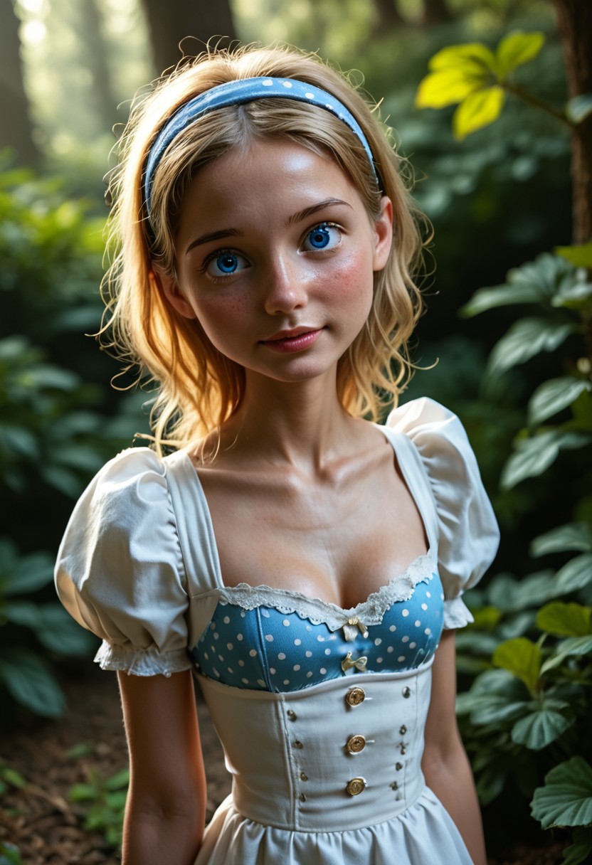 ((Masterpiece, Best Quality, Highres:1.2), RAW photo, 8K, HDR, source photo, photorealistic, , volumetric lighting,  high quality, intricate delicate,natural, Fixhand, Expressiveh, (detailed skin:1.2), a woman, 20yo, medium breasts, side view, upper body shot, 1girl, cute, petite, small nose, freckles, 1girl, solo, AliceWaifu, blonde hair, blue eyes, white apron, blue mini dress, white petticoat, puffy sleeves, white stockings thigh high, hairband, cleavage, small breasts, petite, (18yo:1.6), (adorable:1.4), (cutest:1.4), (cute:1.4), (petite:1.4), (youthful:1.4),dynamic lighting, from side, dynamic angle, dynamic lighting, blurry background, very aesthetic, emotive, nostalgic, clear eyes, detailed eyes, polka dot mushroom forest background, cleavage, breasts burst, delicate depiction, detailed background, Impressive, beautiful, fascinating, attractive, fine detail, perfect, sharp focus, professional, expressive, extremely complex, stunning, fantastic, marvelous, excellent composition, amazing atmosphere, sharp details, flawless, perfect anatomy, scenic, Ultra-high resolution, perfect anatomy,