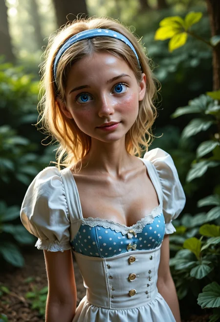 ((Masterpiece, Best Quality, Highres:1.2), RAW photo, 8K, HDR, source photo, photorealistic, , volumetric lighting, high quality, intricate delicate,natural, Fixhand, Expressiveh, (detailed skin:1.2), a woman, 20yo, medium breasts, side view, upper body shot, 1girl, cute, petite, small nose, freckles, 1girl, solo, AliceWaifu, blonde hair, blue eyes, white apron, blue mini dress, white petticoat, puffy sleeves, white stockings thigh high, hairband, cleavage, small breasts, petite, (18yo:1.6), (adorable:1.4), (cutest:1.4), (cute:1.4), (petite:1.4), (youthful:1.4),dynamic lighting, from side, dynamic angle, dynamic lighting, blurry background, very aesthetic, emotive, nostalgic, clear eyes, detailed eyes, polka dot mushroom forest background, cleavage, breasts burst, delicate depiction, detailed background, Impressive, beautiful, fascinating, attractive, fine detail, perfect, sharp focus, professional, expressive, extremely complex, stunning, fantastic, marvelous, excellent composition, amazing atmosphere, sharp details, flawless, perfect anatomy, scenic, Ultra-high resolution, perfect anatomy,