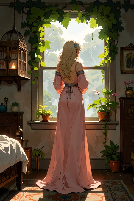 A young woman with long, wavy blonde hair, standing at the threshold of a window. She is dressed in a flowing, light pink gown that drapes elegantly down to the floor, creating a soft, ethereal aura. Her back is to the viewer, and she gazes out the window, her expression calm and contemplative.The room is bathed in natural light, streaming through the window, which is framed by lush green leaves and vines. The window's glass is slightly misted, suggesting a gentle breeze or dew. The light filters through the leaves, casting a soft, golden glow on the woman and the room.To the left of the window, a large, ornate birdcage hangs on the wall, adding a touch of whimsy to the scene. The cage is empty, but the metalwork is intricate, with delicate filigree patterns. The room itself is decorated with a mix of vintage and rustic elements. A bed with white, rumpled sheets is visible on the left, and a patterned rug lies beneath it. Potted plants and a few scattered leaves add a touch of nature to the otherwise elegant, serene setting.<lora:XRSTYLE_FLUX:0.6><lora:Let_It_Blaze_in_Crimson_anime_v1.0:0.5><lora:Anime v1.3:0.5>