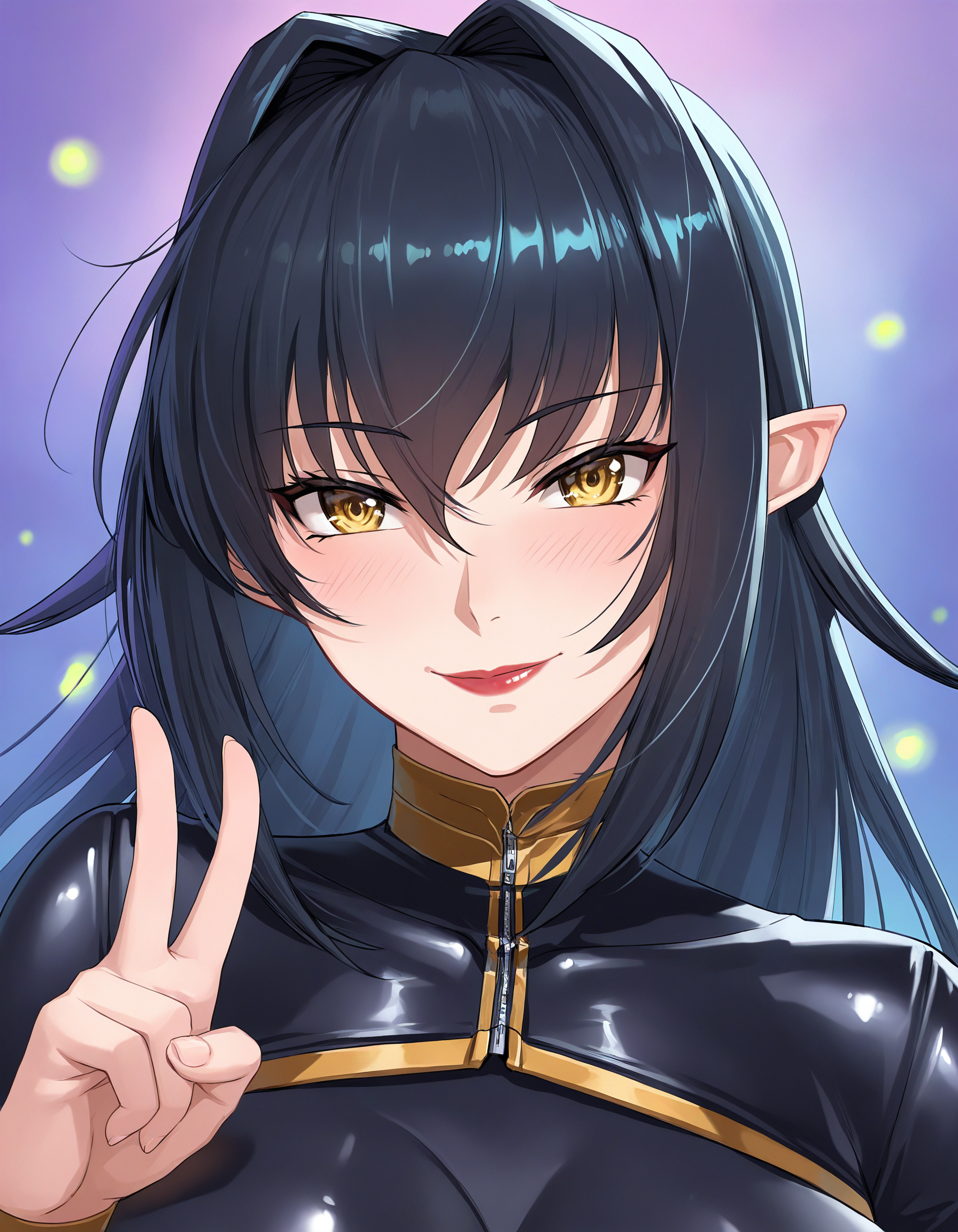 masterpiece, good quality, best quality, shadow, bloom,
Annerose, V, portrait, close-up, mature female,
pointy ears, 1girl, solo,
looking at viewer, blush, smile, red lips,
black hair, long hair, yellow eyes,
black bodysuit, turtleneck,
abstract background, fireflies, purple background, wind,
 <lora:Annerose3216 NoobAIXL V-pred:1>