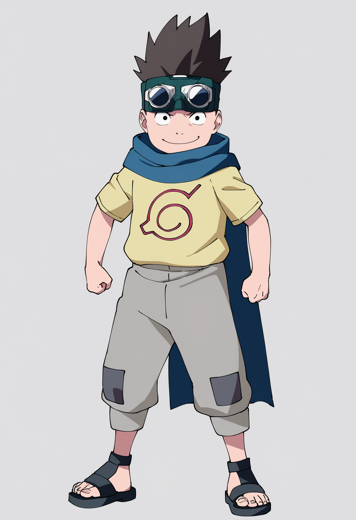 best quality, amazing quality, very aesthetic, absurdres,
1boy, konohamaru, spiked hair, black eyes, brown hair,
scarf, cape, goggles on head, yellow shirt, grey pants, sandals, short sleeves,
standing,
smile, looking at viewer, solo, simple background, white background,     <lora:KonohamaruNoobXL_byKonan:1>