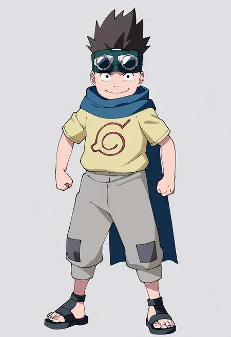 best quality, amazing quality, very aesthetic, absurdres,
1boy, konohamaru, spiked hair, black eyes, brown hair,
scarf, cape, goggles on head, yellow shirt, grey pants, sandals, short sleeves,
standing,
smile, looking at viewer, solo, simple background, white background,     <lora:KonohamaruNoobXL_byKonan:1>