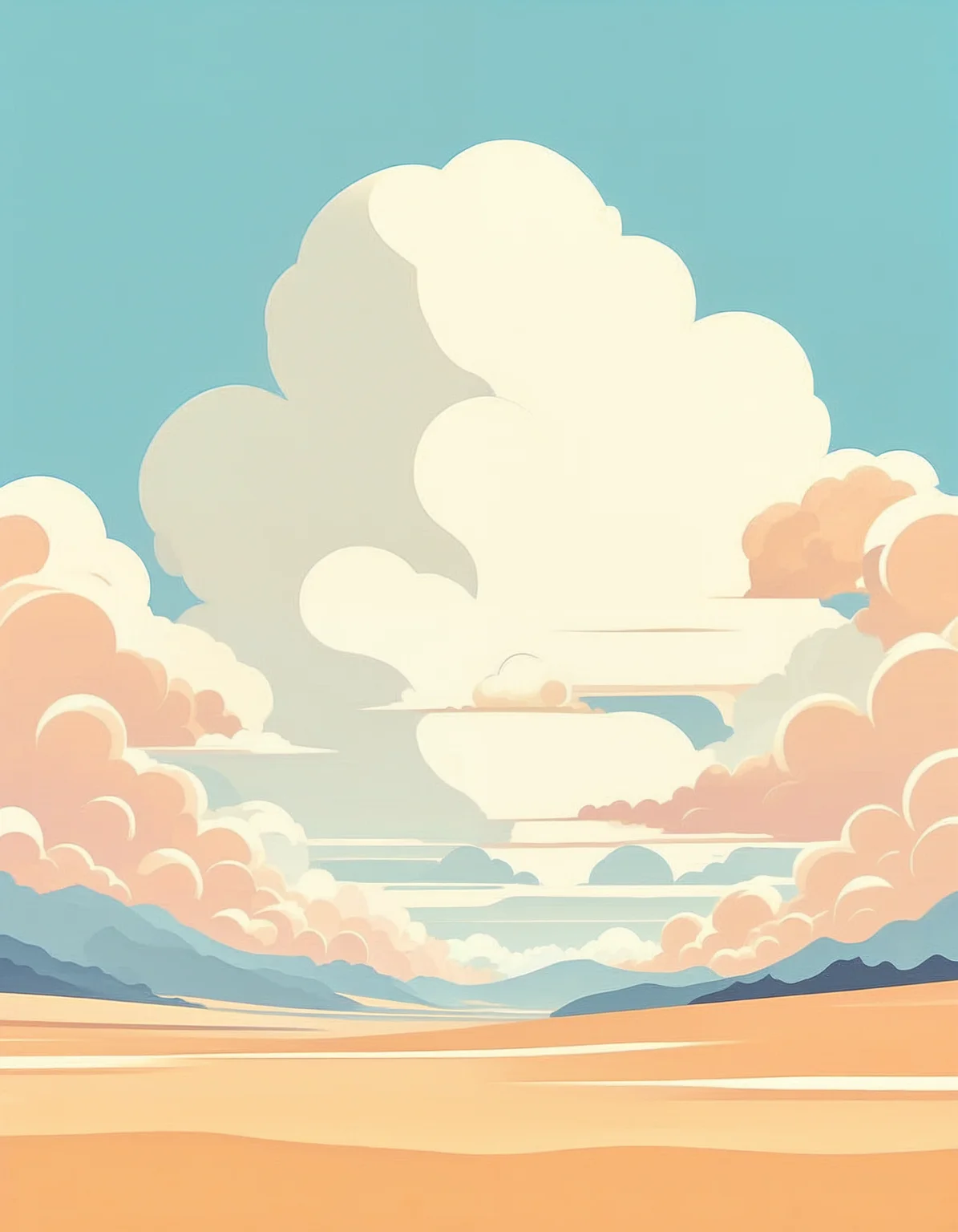 minimalistic, flat color, no lineart, vast flat landscape, gigantic clouds, simple bright background