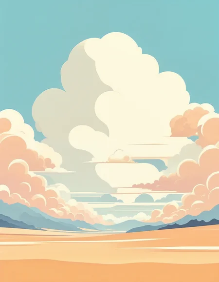 minimalistic, flat color, no lineart, vast flat landscape, gigantic clouds, simple bright background