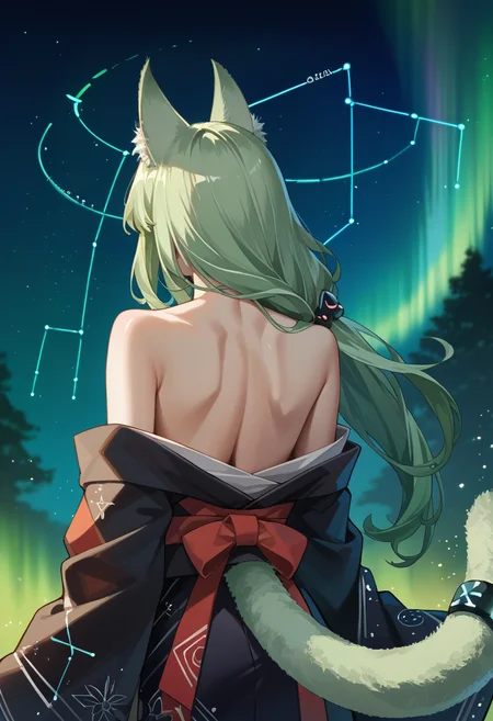 score_9, score_8_up, source_anime, 1girl, solo, HarmonieArknights, long hair, cat ears, cat tail, tail ornament, aurora, back, bare back, bare shoulders, constellation, from behind, kimono, light particles, long sleeves, off shoulder, <lora:ChamHarmoniePonyXL:1>