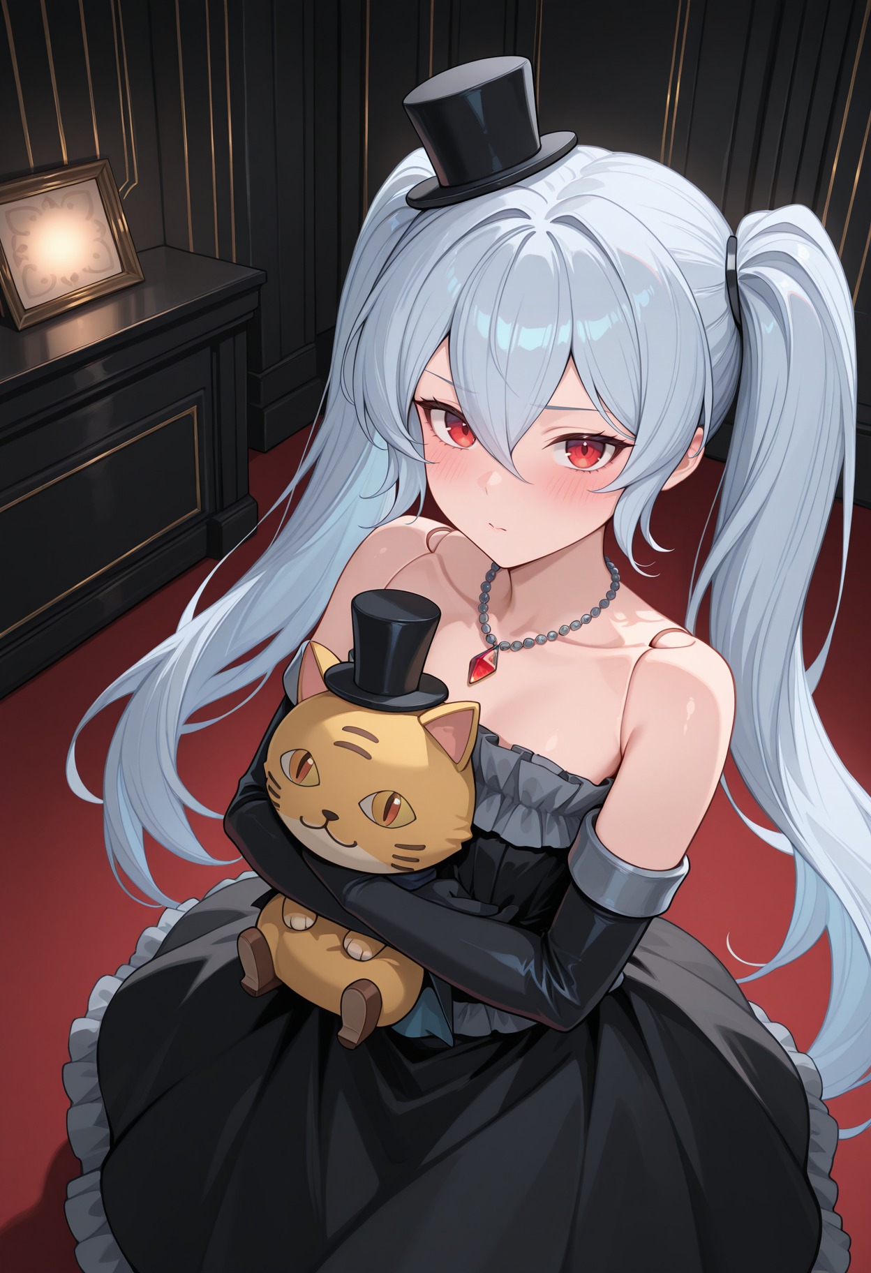 highres, best quality, masterpiece, indoors, black theme, 
1girl, solo, gbfochd, twintails, light blue hair, grey hair, very long hair, red eyes, joints, hair between eyes,
ochddef, top hat, mini hat, black dress, necklace, strapless dress, grey frills, elbow gloves, black gloves,
looking at viewer, blush,
stuffed toy, stuffed cat, holding, from above,
<lora:_orchid_gbf-elesico-ilxlA-000013:1>