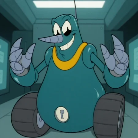 masterpiece, best quality, amazing quality, gr0und3r, male, solo, robot, tank-like, teal body, antennae, black eyes, pointy nose, yellow collar, drill hands, tracked wheels, backplate, smirk, looking at viewer, indoors, laboratory