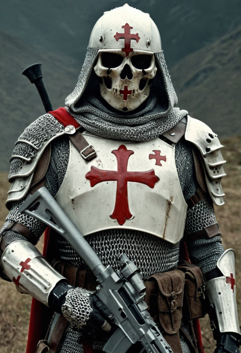 cinematic still D34THSQU4D, a futuristic crusader soldier wearing detailed white armor with red crosses, chainmail, and a skull helmet with a hood, holding a weapon . emotional, harmonious, vignette, 4k epic detailed, shot on kodak, 35mm photo, sharp focus, high budget, cinemascope, moody, epic, gorgeous, film grain, grainy, D34THSQU4D, a futuristic crusader soldier wearing detailed white armor with red crosses, chainmail, and a skull helmet with a hood, holding a weapon, dynamic composition, dramatic, cinematic, rich deep colors, ambient, sharp focus, striking, attractive, highly detail, real, shiny, excellent color, perfect, coherent, cute, fine, stunning