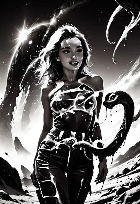 Space biologist exploring alien fauna, 
score_9, score_8_up, score_7_up, Realistic, cinematic shot, selective color, monochrome background, grayscale, 4k, Gadget, side view,
(((Girl petting an alien, hetero, cross-species, inter species, interspecies, hand on alien’s back, curious, pet kangaroo ))), 
18yo, blonde, red front highlights, wide face, perfect face, stunning, breathtaking face, detailed face, perfect teeth, expressive eyes, extremely cute, medium boobs, round stomach, sexy, partial nudity,
Pear-shaped figure, short female, stocky, perfect round butt, wide hips, narrow waist, strong legs, thick thighs, long legs, short torso, narrow shoulders, 
Work clothes, space mechanic outfit, thick cargo pants, midriff, 
(1boy, large alien, muscular animal, cute alien, alien species, strong animal, non-humanoid, slime, chitin, antennae,  tentacles, touching girl),
Detailed background, black and white background , alien desert, alien desert flowers, alien fauna, impossible landscape, two moons, outdoors, open space, 
highres, absurdres, in focus, hetero,
easynegative, CyberRealisticPony_POSV1, Stable_Yogis_PDXL_Positives, negative_hand, ALRGFC, alluring face, realistic, Gadget, SelectiveColorStyle, 1colorpop, 2colorpop