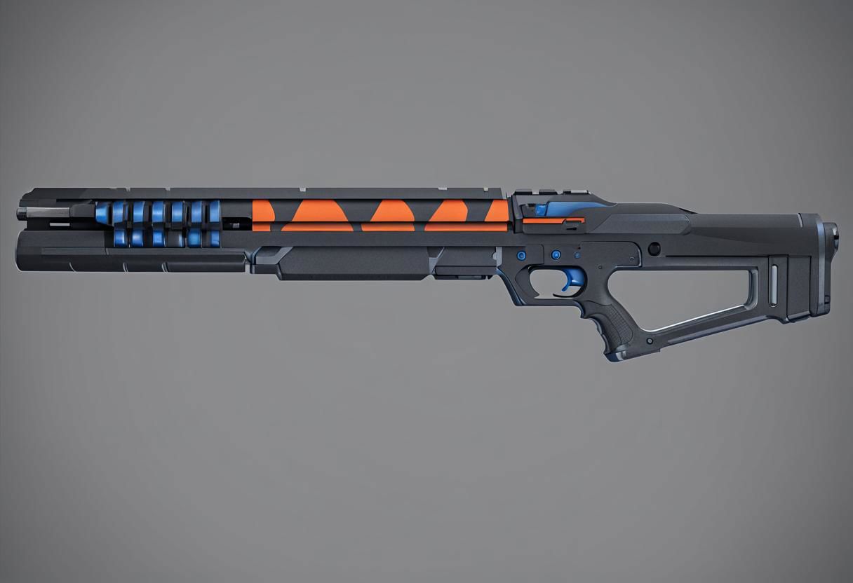 3D, heavy shotgun, orange stripes on it, black body and blue grip