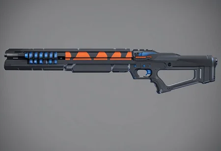 3D, heavy shotgun, orange stripes on it, black body and blue grip