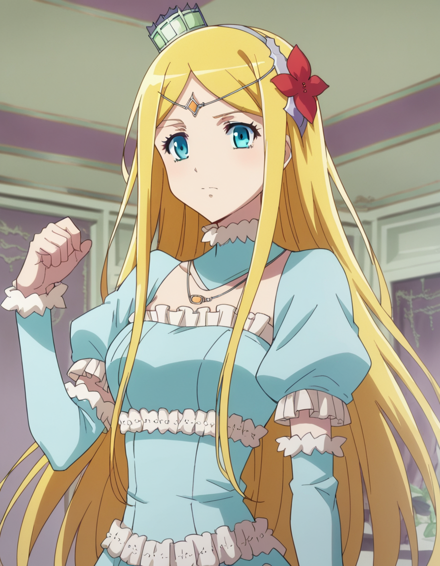 score_9, score_8_up, score_7_up, source_anime,
rennertheierechardelonrylevaiself, <lora:renner-theiere-chardelon-ryle-vaiself-ponyxl-lora-nochekaiser:1>,
renner theiere chardelon ryle vaiself, long hair, blue eyes, blonde hair, hair ornament, very long hair, flower, hair flower,
long sleeves, dress, jewelry, puffy sleeves, necklace, blue dress, crown, princess, frills,
indoors,
looking at viewer, cowboy shot, dutch angle, dynamic pose,
