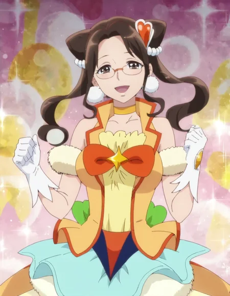 score_9, score_8_up, score_7_up, anime screencap,1girl, solo, cone hair bun, glasses, brown hair, gloves, solo, magical girl, choker, open mouth, hair ornament, smile, white gloves, long hair, looking at viewer, hair bun, blush,brown eyes, skirt,large breasts,milf,free hands,<lora:kusakaorie:0.9>