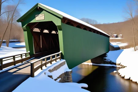 <lora:Wolvie_n3br1dg3s_v1.1:1> n3br1dg3s, covered bridge, river cross view, painted green, town, snow, winter, masterpiece, best quality, high resolution, perfect composition, ultra sharp, perfect shadows, highly detailed, photorealistic, high realism, ultra highly detailed, 32k, fantastic realism, complex background, dynamic lighting, intricate details, textured
