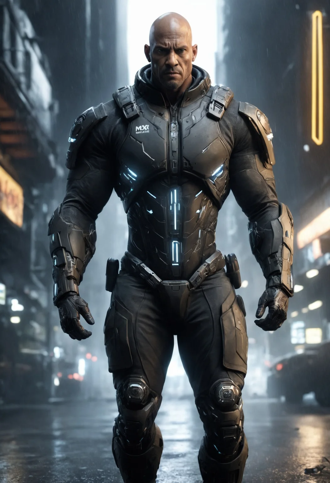 DonMU17r4G34rXL (masterpiece, best quality,detailed light), scifi, tech,cyberpunk, male firefighter, cybernetic mercenaries, human mercenaries with cybernetic implants and body augmentations, late twenties well-proportioned, maori, golden eyes, split ears, round nose, uneven forehead, oval face shape, , brunette bald head hair, surprise, ready for action, character crouches with legs bent, ready to spring into action, wearing data flow print cinnamonbrown bionic exoskeleton leggings, cyber-satin hoodie, , elevated jump, character leaps into the air with legs extended, displaying enhanced jumping ability, rain-soaked streets with neon reflections, dilapidated buildings with flickering neon signs, (highres, 4k, 8k, intricate detail, cinematic lighting, amazing quality, amazing shading, soft lighting, Detailed Illustration, wallpaper), <lora:Perfect Hands v2> <lora:SDXL\DetailedEyes_V3> <lora:myLoraXL_test\DonMU17r4G34rXL-000008:0.8>,