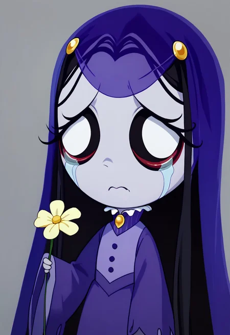 score_9, score_8_up, score_7_up BREAK MiseryRG, 1girl, black hair, black eyes, pale purple skin, tears trail, purple veil, yellow flower hairclips, white-collared purple buttoned dress, long purple sleeves,