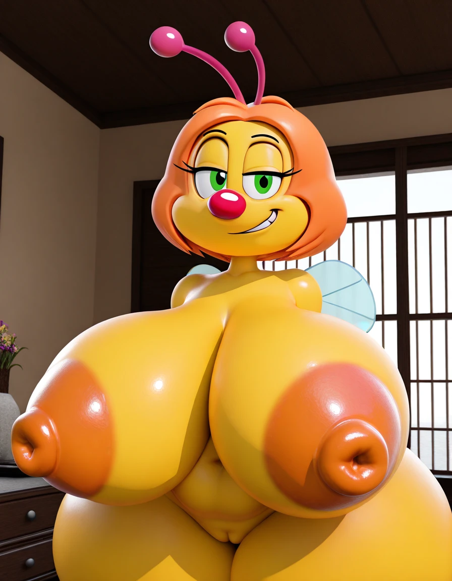 adri164_style, 3d, solo, masterpiece, best quality, ZuzuLindaV2, 1girl, green eyes, wings, orange hair, colored skin, magenta-tipped antennae, yellow skin, bee girl, large magenta nose nose shine, small light blue wings, large breasts, thicc thighs, huge nipples, hyper breasts, gigantic breasts, huge nipples, curvy, wide hips, thick thighs, sexy, smirking, 3d, 3d render, large areola, breast focus, cowboy shot, looking at viewer, naked,