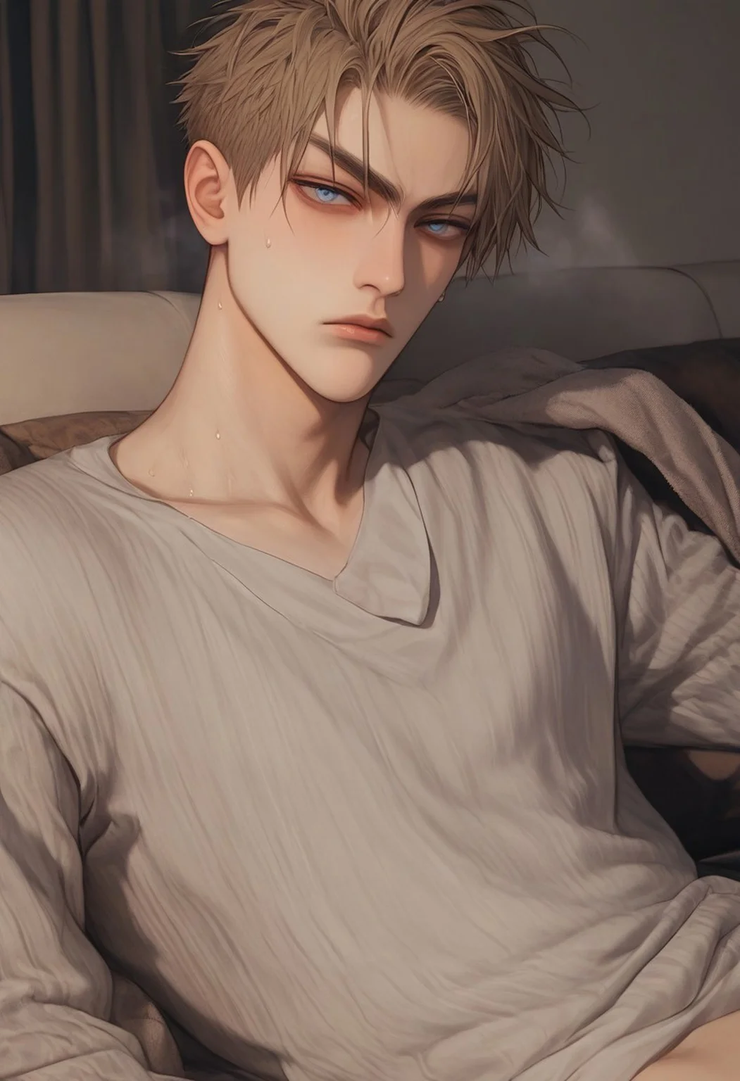 1boy, solo, male focus, slim toned male, xixi_(19_days), zhan_zheng_xi, brown blonde hair, short hair, pale skin, blue grey eyes, slim face, detailed eyes, satisfaction, satisfied, neutral, detailed face, slim face,
dark theme, intense shadow, intimidating, chest close to viewer, dark light, no light, dark out, shadow,
casual clothes, sweaty hair, long sleeves, looking at viewer, from side view,
sweating, sweat, steaming, heavy breathing, front view, seductive, romantic, in a sofa, towel on shoulder, (lounging:1.1), relax
rating PG, score_9,score_8_up,score_7_up, source_anime, male focus, manly, tall, detailed eyebrow, sharp eyebrows, focus on thigh, thigh focus, random view