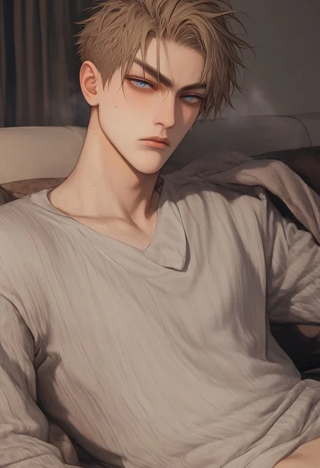 1boy, solo, male focus, slim toned male, xixi_(19_days), zhan_zheng_xi, brown blonde hair, short hair, pale skin, blue grey eyes, slim face, detailed eyes, satisfaction, satisfied, neutral, detailed face, slim face,
dark theme, intense shadow, intimidating, chest close to viewer, dark light, no light, dark out, shadow,
casual clothes, sweaty hair, long sleeves, looking at viewer, from side view,
sweating, sweat, steaming, heavy breathing, front view, seductive, romantic, in a sofa, towel on shoulder, (lounging:1.1), relax
rating PG, score_9,score_8_up,score_7_up, source_anime, male focus, manly, tall, detailed eyebrow, sharp eyebrows, focus on thigh, thigh focus, random view