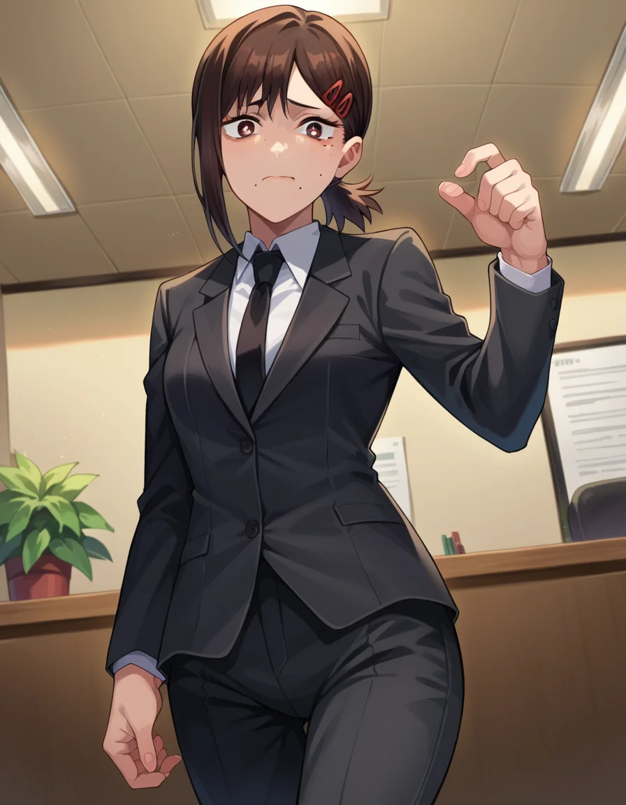 score_9, score_8_up, score_7_up, source_anime,
kobeni-higashiyama, <lora:kobeni-higashiyama-ponyxl-lora-nochekaiser:1>,
kobeni higashiyama, black hair, hair ornament, hairclip, mole, mole under eye, ponytail, short hair, brown eyes,
black necktie, black pants, business suit, formal, long sleeves, necktie, pants, suit,
indoors, office,
looking at viewer, cowboy shot, dutch angle, dynamic pose,