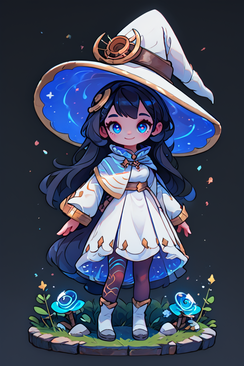 score_9, score_8_up, score_8, medium breasts, (curvy), cute, eyelashes,       BREAK, , ,,,   zzYstra, blue eyes, black hair, long hair,  hat, long sleeves, witch hat, standing, full body, dress, blue hair, white dress,  <lora:Ystra_AstralWitch_AlexisPflaum_PDXL:0.8>, ,,,, BREAK, smile, looking at viewer, cowboy shot, ,,, embedding:zPDXL, Expressiveh, ,,, <lora:CuteToonPDXL:1.0>, <lora:SDXLFaeTastic2400:0.5>, <lora:Expressive_H-000001:0.4>,
