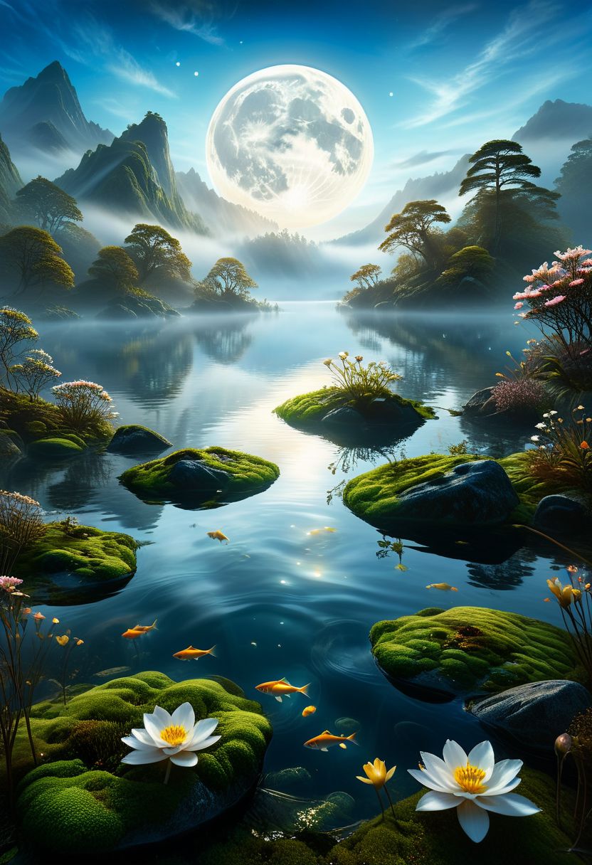 In a stained glass style, envision a slumbering dreamweaver reclining upon a moss-covered islet, enveloped by a soft luminescence emanating from wispy tendrils of fog, which embrace its form like a gentle lover's caress. With half-closed eyes, the dreamer's gaze drifts lazily towards the glassy lake's surface, disturbed by ripples of gold and copper, reflecting mist-shrouded peaks in the distance. As the dreamweaver's hand dances across the water, moon-petaled flowers float, releasing their sweet fragrance into the still air, while a school of silver-tailed fish weaves through the depths, their gentle splashing harmonizing with the dreamer's breath. This piece is vibrant, translucent, and intricate, capturing every detail in a dramatic, cinematic portrayal, rich with sharp details and extreme resolution, akin to a masterpiece in 32k resolution. Incorporating a wide range of colors and employing techniques such as chiaroscuro and low-key lighting, the artwork exudes an ethereal beauty that transcends reality.