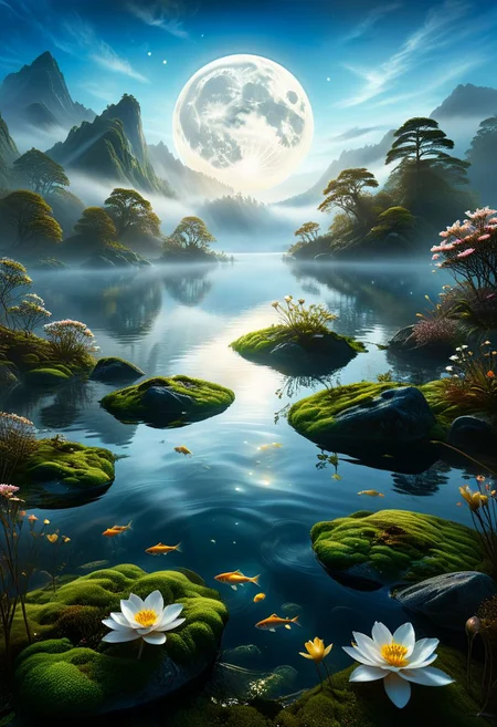 In a stained glass style, envision a slumbering dreamweaver reclining upon a moss-covered islet, enveloped by a soft luminescence emanating from wispy tendrils of fog, which embrace its form like a gentle lover's caress. With half-closed eyes, the dreamer's gaze drifts lazily towards the glassy lake's surface, disturbed by ripples of gold and copper, reflecting mist-shrouded peaks in the distance. As the dreamweaver's hand dances across the water, moon-petaled flowers float, releasing their sweet fragrance into the still air, while a school of silver-tailed fish weaves through the depths, their gentle splashing harmonizing with the dreamer's breath. This piece is vibrant, translucent, and intricate, capturing every detail in a dramatic, cinematic portrayal, rich with sharp details and extreme resolution, akin to a masterpiece in 32k resolution. Incorporating a wide range of colors and employing techniques such as chiaroscuro and low-key lighting, the artwork exudes an ethereal beauty that transcends reality.
