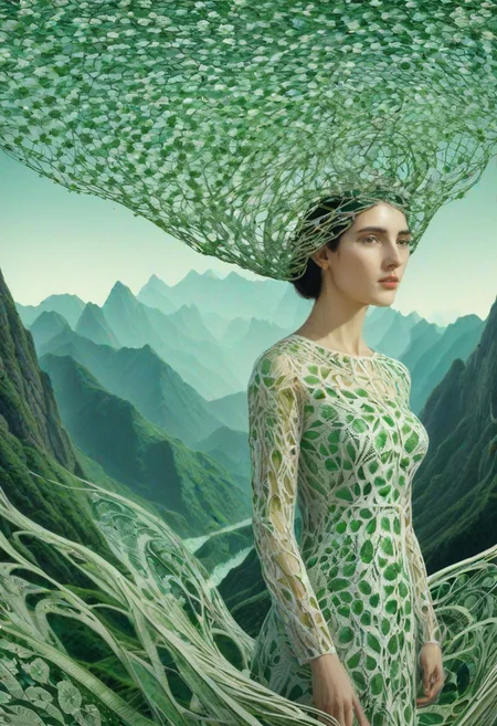 woman, standing, looking at viewer, mountains, wearing HUD_shmrck, made of delicate shamrock leaves intricately woven together,, creating a whimsical and ethereal look, highly detailed. Masterpiece, HD, 3D